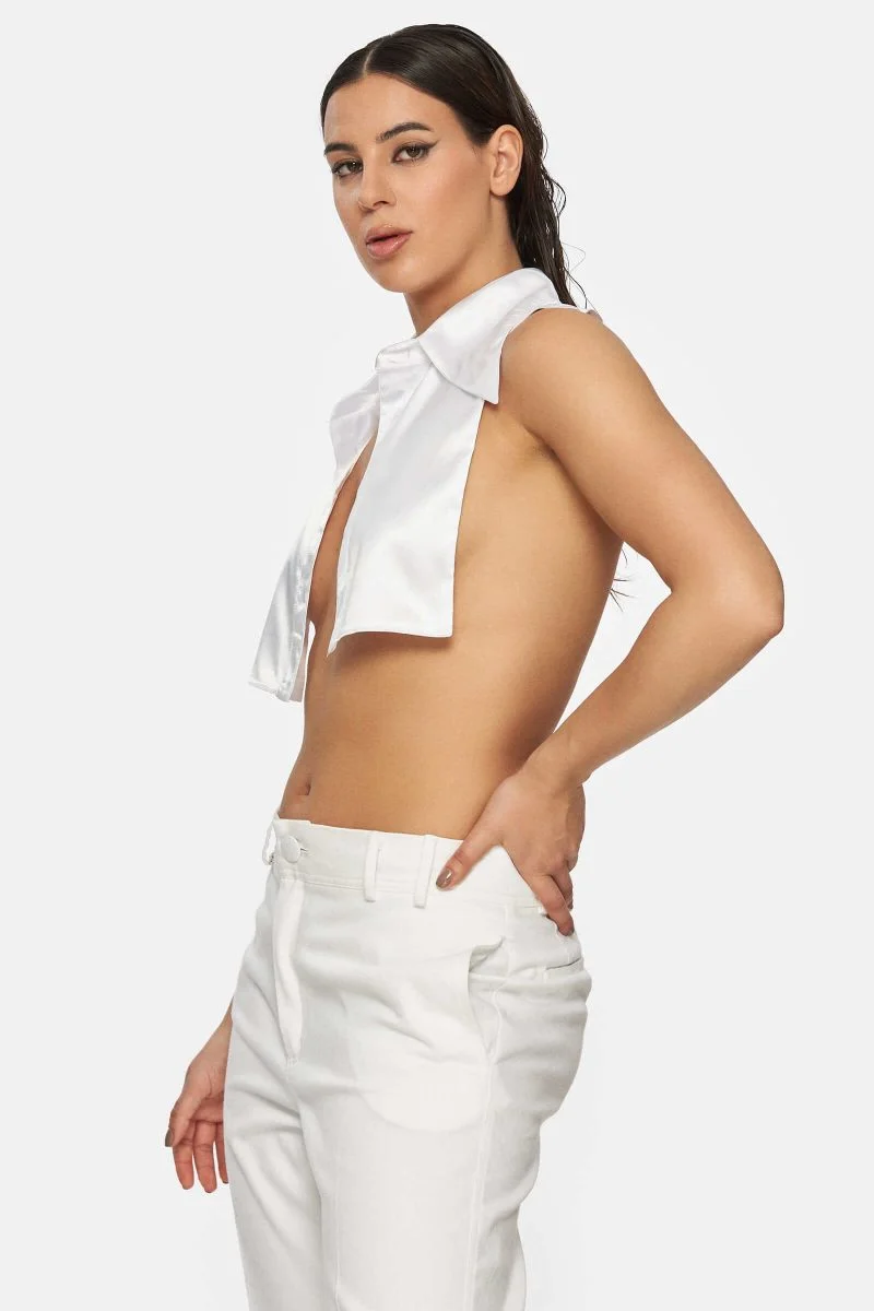 Collar shirt made from white satin. Perfect to use under a T-Shirt or a blouse for that extra collar effect.