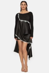 Fitted black cotton mini dress with an applied satin scarf around the body. The sleeves have holes for the big thumb.